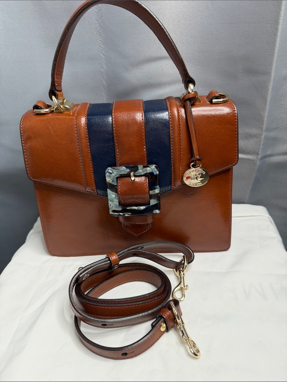 Brahmin Mini Francine Brown and Navy Leather Satchel with Tortoiseshell Buckle